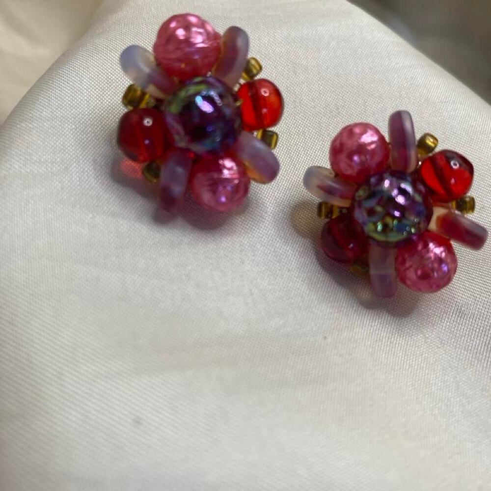 Vintage 1950s W Germany Pink Purple AB Art Glass Bead Cluster Clip On Earrings